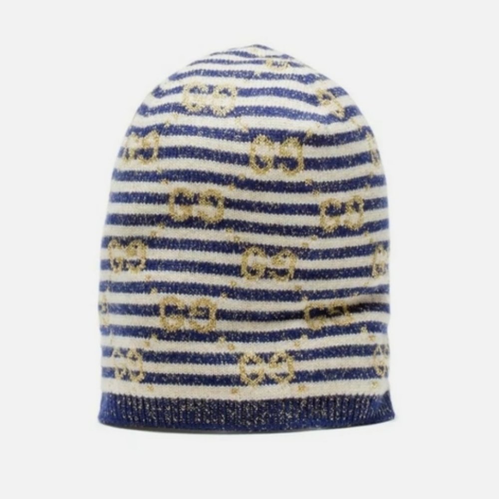 Gucci Beanie Striped GG Logo Blue & White Wool Hat